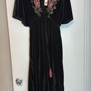 Cost Plus World Market Black Dress with Pink Floral Embroidery